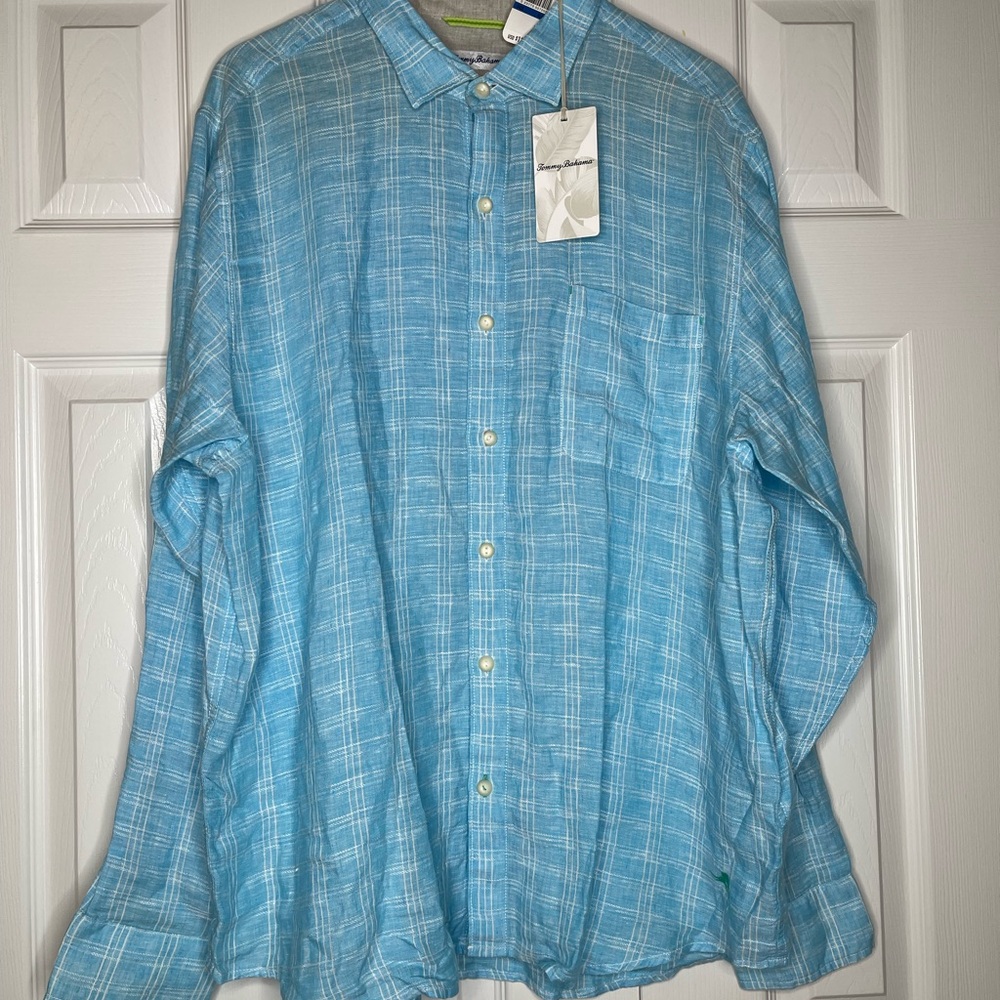 Tommy Bahama New Men's XL Ventana Plaid Turqoise Blue 100% Linen Long sleeve